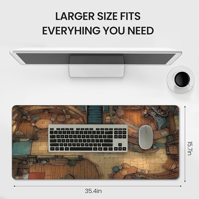 Extended Keyboard and Mouse pad, Fantasy Tavern Pattern, 35.4 x 15.7 Inch, Gaming Desk mat with Non-Slip Base and Waterproof Finish, Suitable for Home Office and workstations.