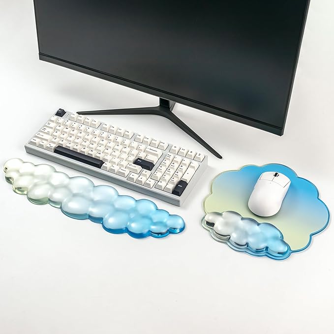 Keyboard Wrist Rest with Cloud Mouse Pad - Gradient Blue Ergonomic Gel Cloud Mouse Pad with Non-Slip Base, Cute Office Accessories for Desktop/Latop/Home/Office