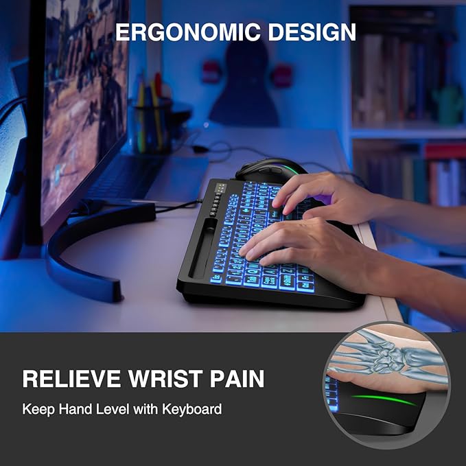 SABLUTE K21 Pro Large Print Backlit Keyboard, Wired USB Computer Keyboards with 7-Colors Backlight, Wrist Rest, Phone Holder, Oversized Letter Keys Easy to See and Type for Laptop, PC, Windows, Black