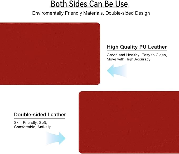 Dual Sided Leather Desk Mat - Waterproof Desk Pad - Ideal for Large Mouse Pad and Desk Mats on Top of Desks (red, 33"*13")