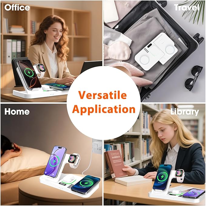 Dual Phone Magnetic Wireless Charging Station for Apple Devices/Apple Ecosystem,with Auto-Switch 7-Color Light & Clock, Compatible with iPhone 17/16/15, for iWatch 11/10/9 & AirPods Pro3（White