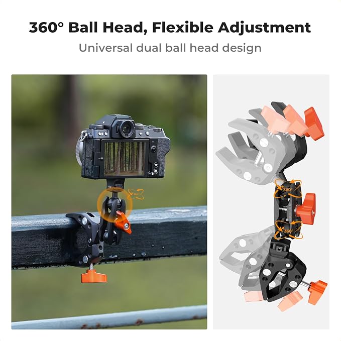 K&F CONCEPT Double Super Clamp Camera Mount with 1/4" Threads Metal Clamp for Chair, Pole, Tripod, Desk, Flag, Umbrella, Motorcycle Mount - Image 6