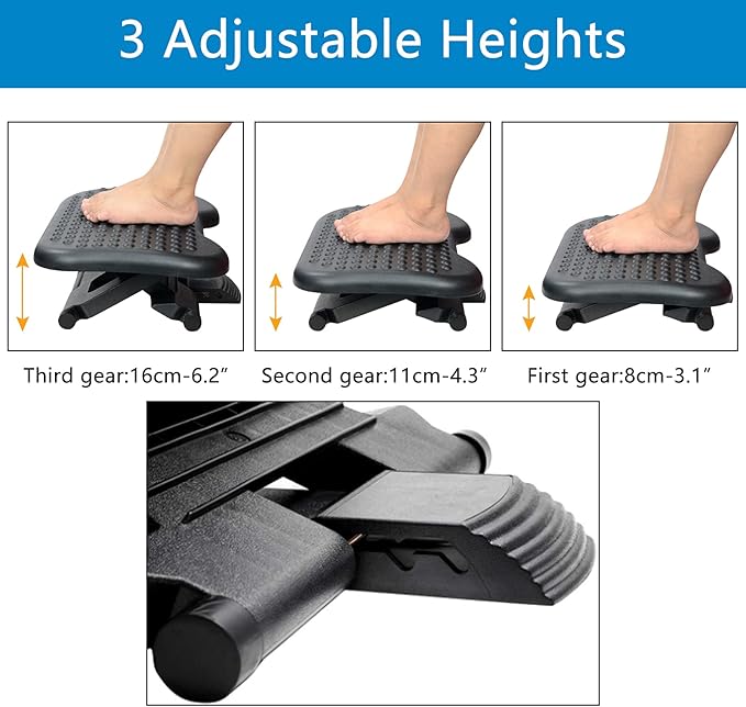 Under Desk Footrest Adjustable Height Comfy Foot Rest with 30 Degree Angle Adjustment for Comfort Home, Office Pressure Relief