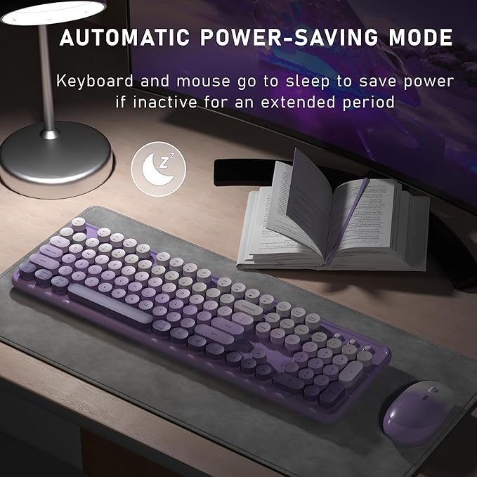 Wireless Keyboard and Mouse, Full-Size Retro Typewriter Keyboard with Round Keycaps, 2.4GHz for Windows, Mac, Laptop, PC, Desktop (Purple Gradient)