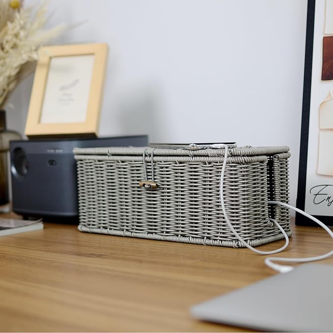 BROWNLILY Cable Management Box, Rattan Style Cord Organizer for Desk Cord Hider Outlet Covers Baby Proofing for Power Strip TV PC Router Charger Under Desk Storage with Lockable Lid and Cable Ties - Image 7
