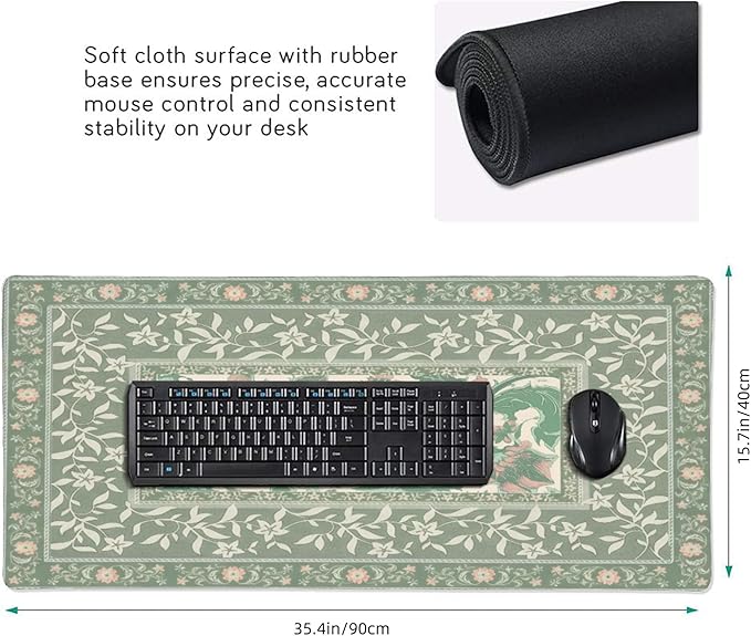 Sage Green Floral XXL Desk Pad Mat - Extra Large Mouse Pad with Anti-Slip Base & Stitched Edges for Women, Office, Home Desktop Computer Keyboard, Aesthetic Office Decor Supplies