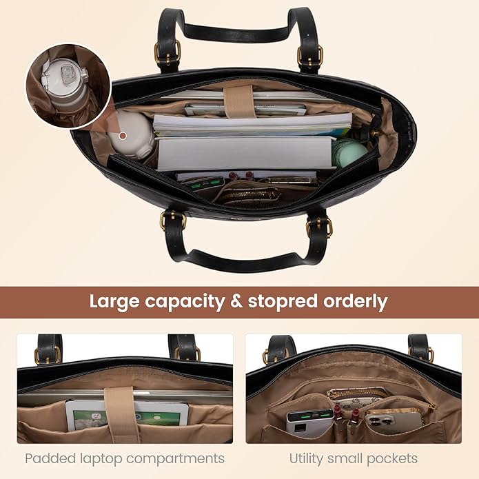 LOVEVOOK Laptop Tote Bag for Women,Vintage Leather Work Tote Bag for Women Computer Briefcase Bag,Waterproof Teacher Business
