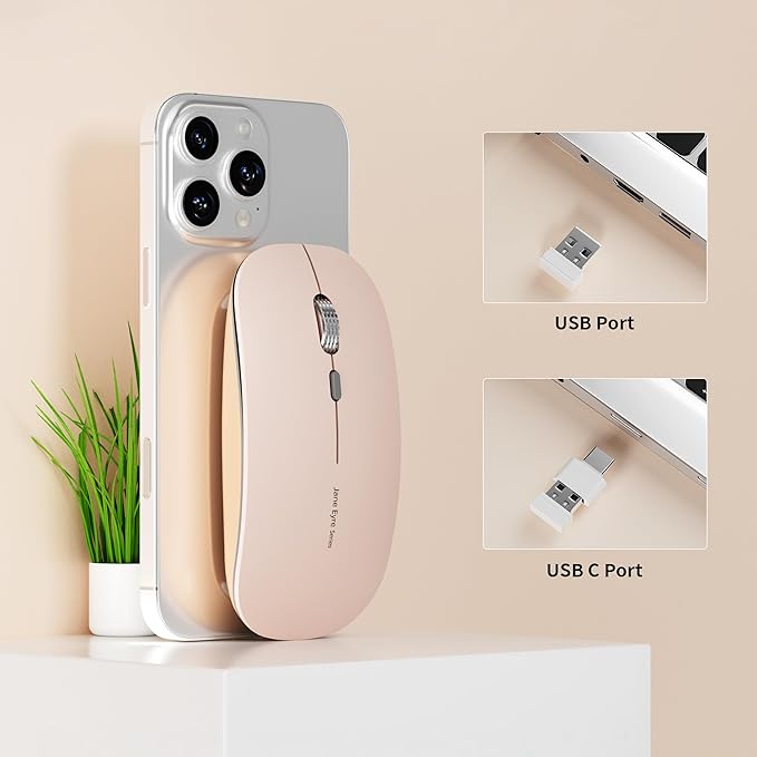 Uciefy Q5 Slim Rechargeable Wireless Mouse, 2.4G Portable Optical Silent Ultra Thin Wireless Computer Mouse with USB Receiver and Type C Adapter, Compatible with PC, Laptop, Desktop - Light Pink