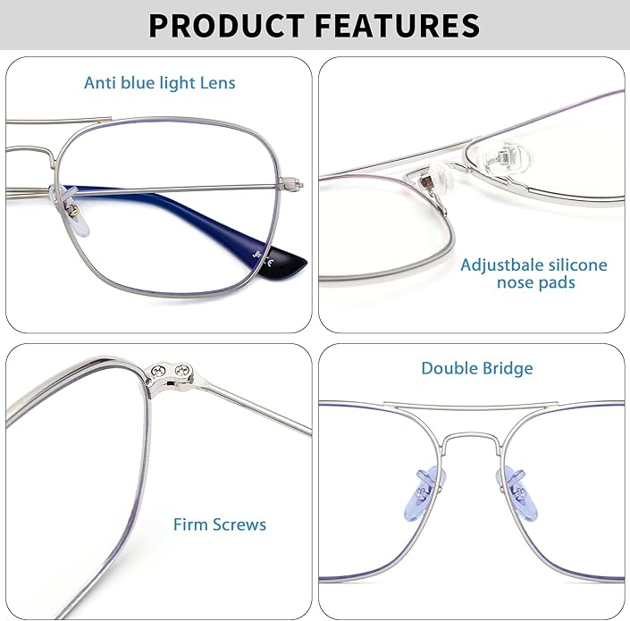 JM Aviator Blue Light Blocking Computer Glasses, Square Eye Protect Video Eyeglasses Anti Glare Men Women