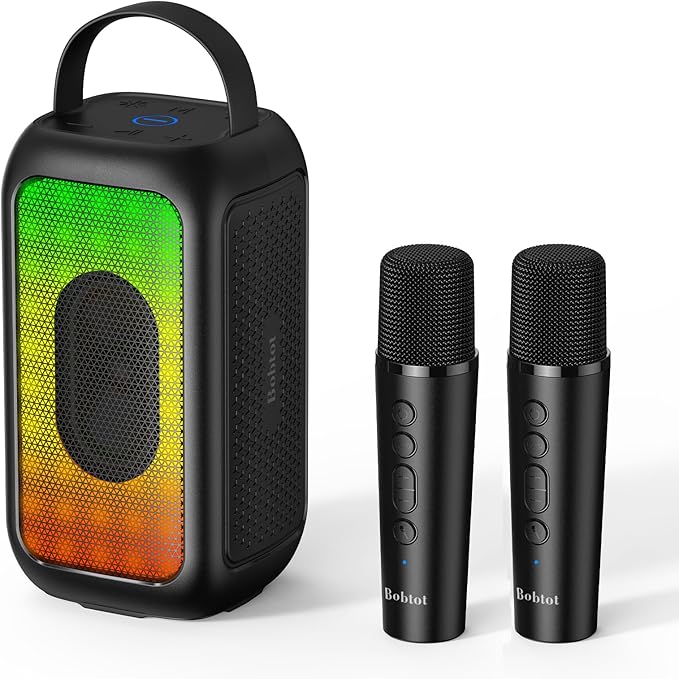 Bobtot Portable Bluetooth Speaker, 16H Playtime Wireless Speakers, Peak Singing Machine with 2 Microphones, Magic Sound, Echo, EQ Mode (Black, with 2 Mics)