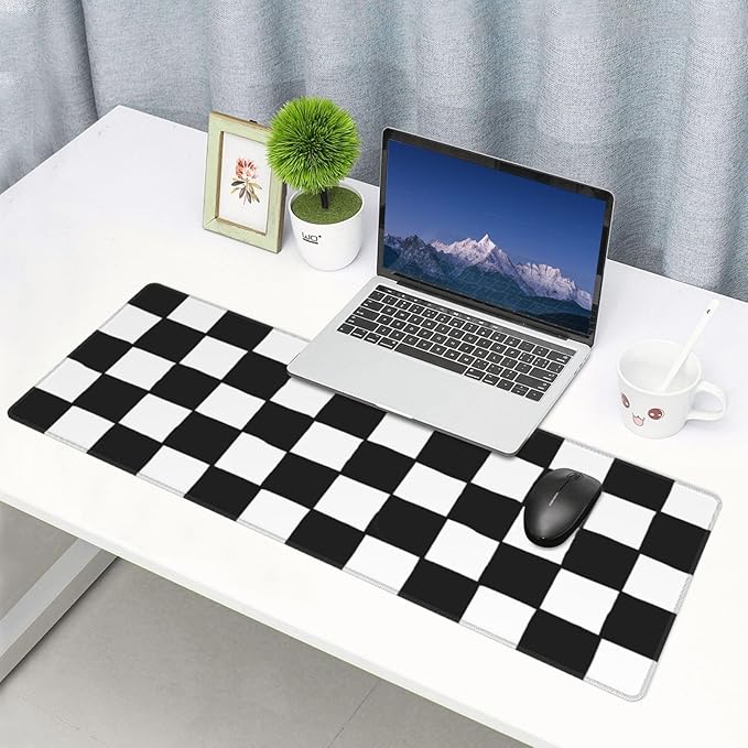 Checkered Black White Gaming Mouse Pad Desk Mat for Home and Office, Large Mousepad Extended Keyboard Pad Stitched Edge Accessories Decor