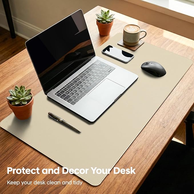 Leather Desk Pad Protector, Office Desk Mat, Large Mouse Pad, Non-Slip PU Leather Desk Blotter, Waterproof Computer Desk Writing Pad for Office and Home (Beige, 31.5" x 15.7")