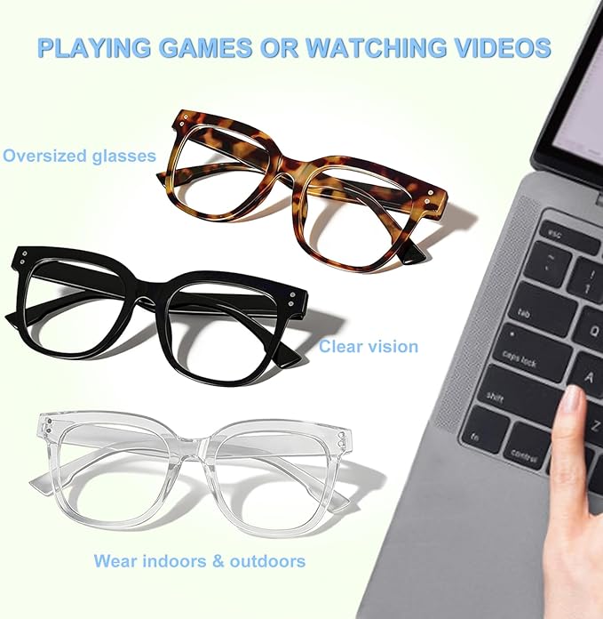 Oversized Blue Light Blocking Glasses for Women & Men - 3 Pack Fashion Computer Eyewear with Anti-Glare & UV400 Protection for Eye Strain Relief, Sleep Support & Daily Office Use