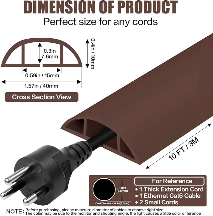 Floor Cord Cover Self Adhesive Cord Hider,10FT Cable Management, Extension Strip Protector for Wires, Prevent Cable Trips for Offices, Gyms, Exhibitions Cavity:0.51"(W) x 0.3"(H) Coffee - Image 2