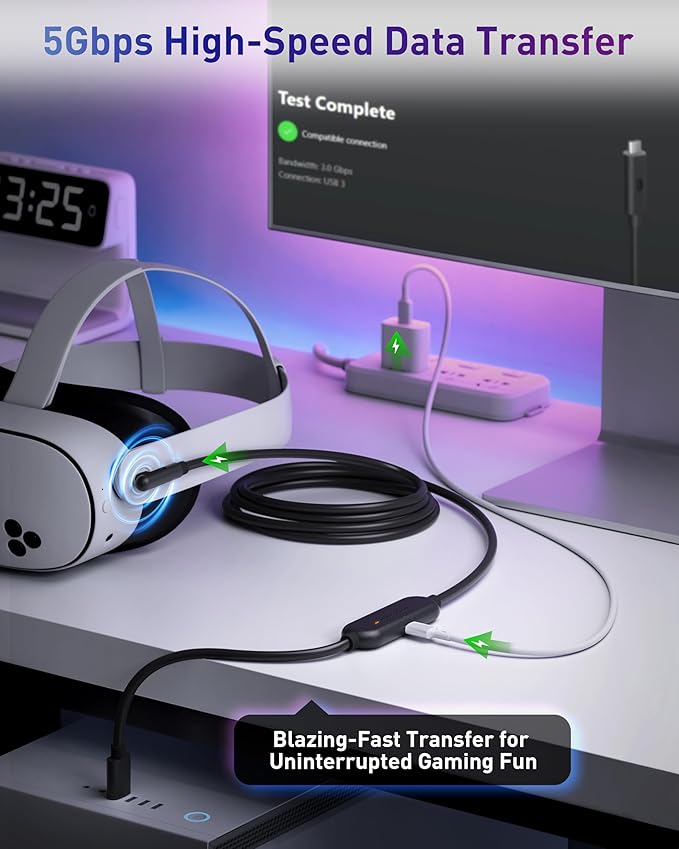 Maxonar VR Charging Link Cable 20FT (Next-Gen Chip) Compatible with Meta 3S/3/Oculus 2/Pico 4 Accessories and PC/SteamVR, Awesome Gift-5Gbps USB 3.0 to USB C Cable-Black