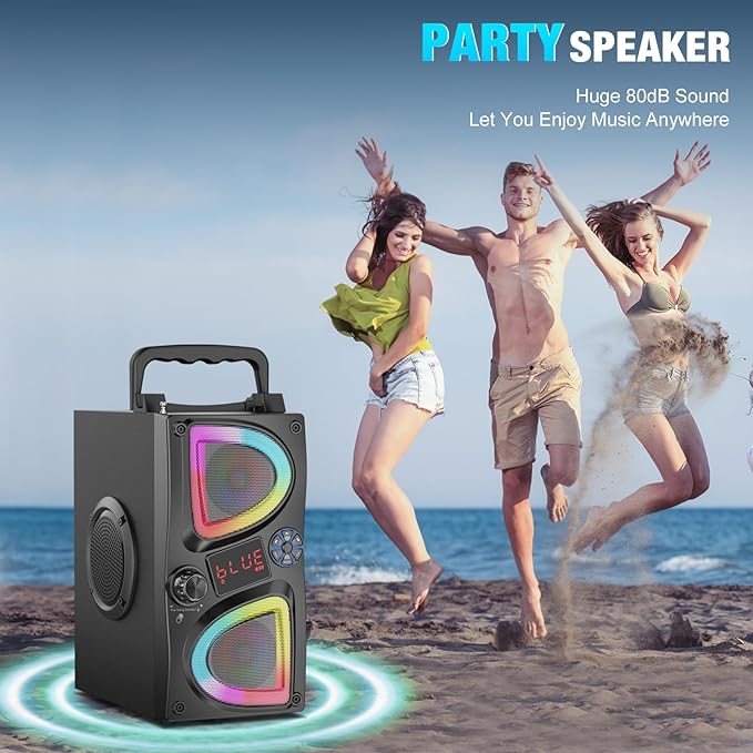Bluetooth Speaker, 60W(Peak) Wireless Portable Small Home Party Speakers with Double Subwoofer Deep Bass, Radio, Lights, 80dB Loud Stereo Sound Boombox for Outdoor Camping Gifts