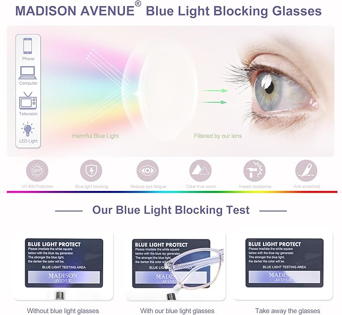 Madison Avenue Blue Light Blocking Glasses Anti Eyestrain UV Glare Blue Light Glasses for Women with Case, TV Phone Computer Gaming Eyeglasses (Purple Gradient Brown)