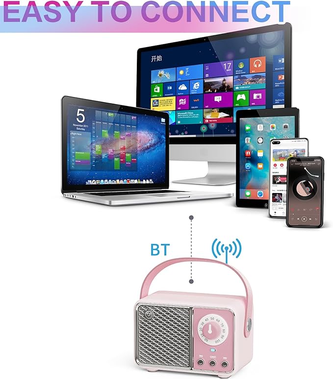 Dosmix Kawaii Room Decor, Retro Bluetooth Speaker,Wireless Bluetooth Speakers, Pink Cute Old Fashion Style for Kitchen Desk Bedroom Office Party Outdoor Vintage Accessories (Tender Pink)