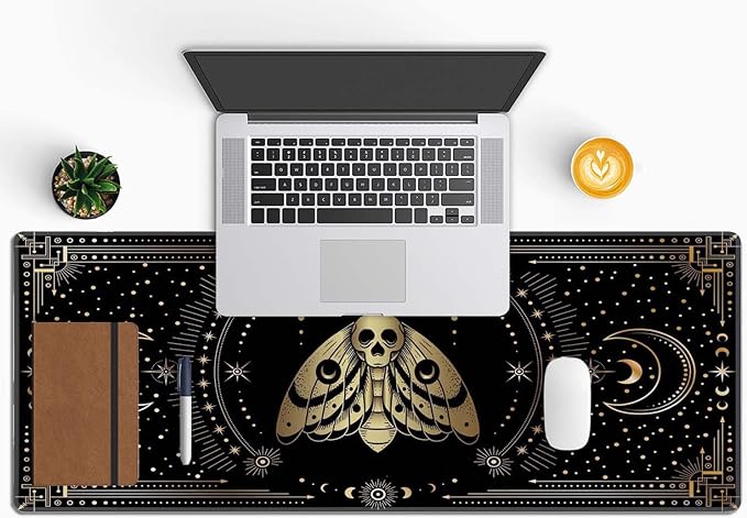 Moth Witch Desk Mat Moon Phases Large Mouse Pad XL Extended Gaming Mousepad Crescents Keyboard Mouse Mat Desk Pad for Computer Laptop 31.5''X11.8'' Non-Slip Rubber Base with Stitched Edges