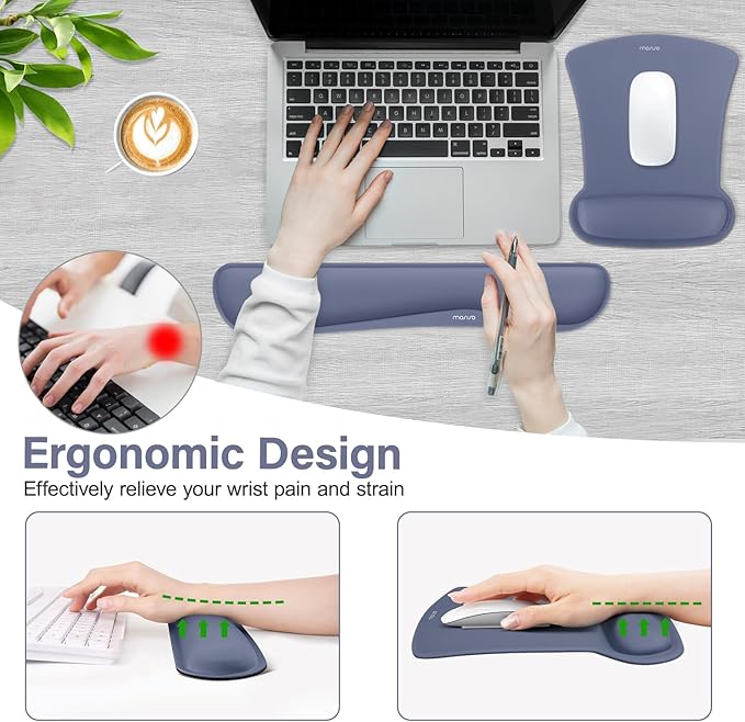 MOSISO Wrist Rest Support for Mouse Pad & Keyboard Set, Ergonomic Mousepad Non-Slip Base Home/Office Pain Relief & Easy Typing Cushion with Neoprene Cloth & Raised Memory Foam, Navy Lime