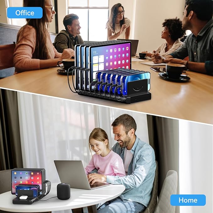 Charging Station for Multiple Devices, Multiple USB Charger Station with 10 Fast Charging Ports, Charging Station for iPhone Apple Watch Samsung Cellphone