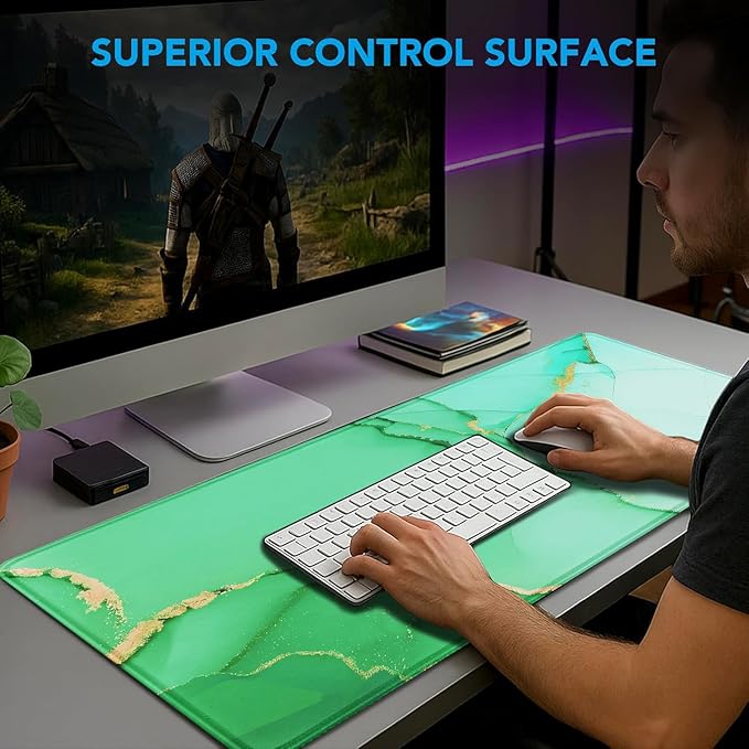 Large Gaming Mouse Pad, Waterproof Mousepad with Stitched Edges, Non-Slip Rubber Base, XXL Computer Long Keyboard Mouse Mat for Gamer, Office & Home, 31.5" x 15.7", Marble Green