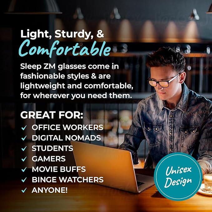 Sleep ZM Blue Light Blocking & Light Sensitivity Glasses - 8 Lens Types for Comfort, Relaxation, Sleep & Relief - 50+ Styles