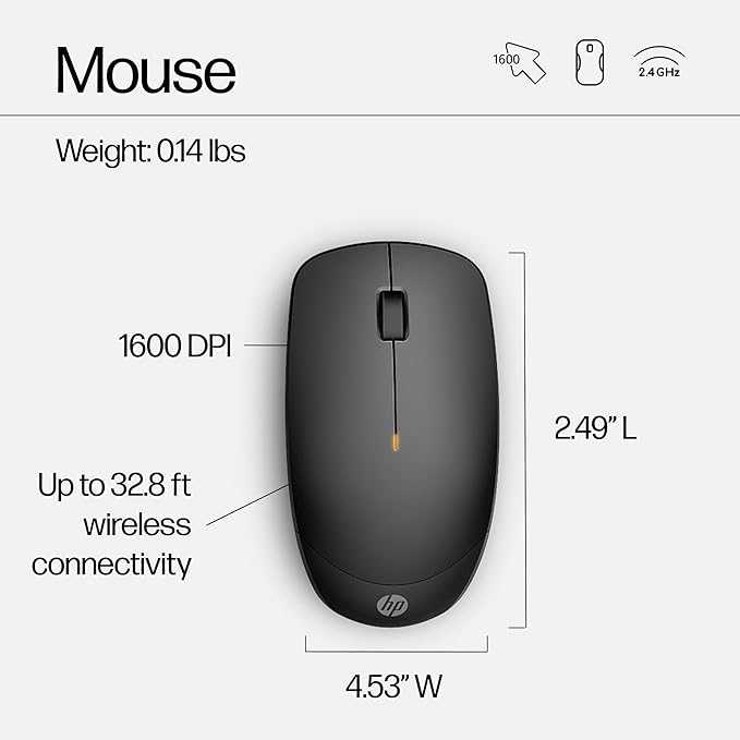 HP 230 Wireless Mouse and Keyboard Combo - 2.4GHz Wireless Connection - Long Battery Life - Durable & Low-Noise Design - Windows & Mac OS - Adjustable 1600 DPI - Numeric Keypad (18H24AA#ABA)