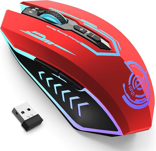 UHURU Gaming Mouse, Wireless Gaming Mouse with 7 Buttons 7 Changeable LED Color up to 12000 DPI, Rechargeable USB Gamer Mouse for PC Laptop (Red)
