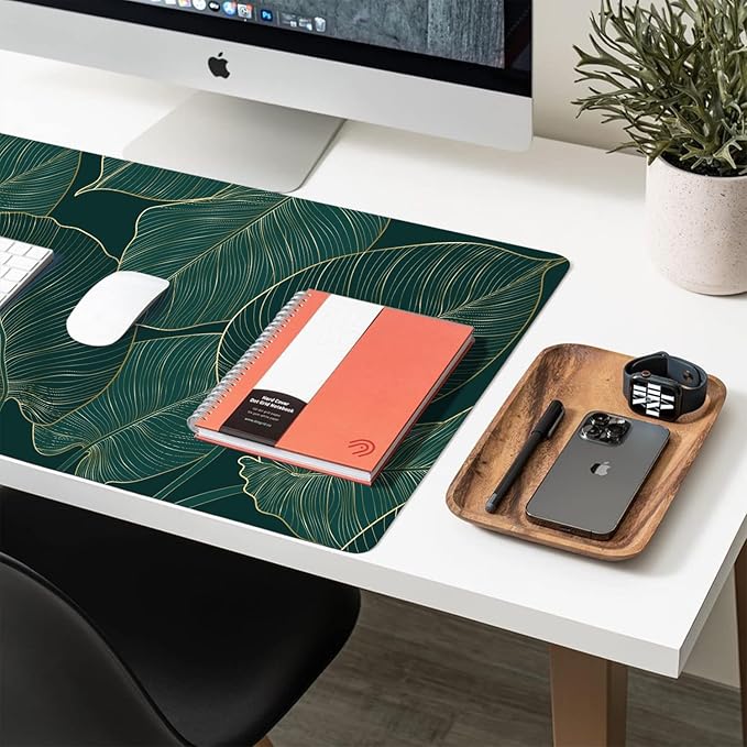 Desk Mat Large Protector Pad 23.6" ×11.8", Non-Slip PU Leather Desk Blotter, Waterproof Mouse Pad for Office Home Palm Leaves