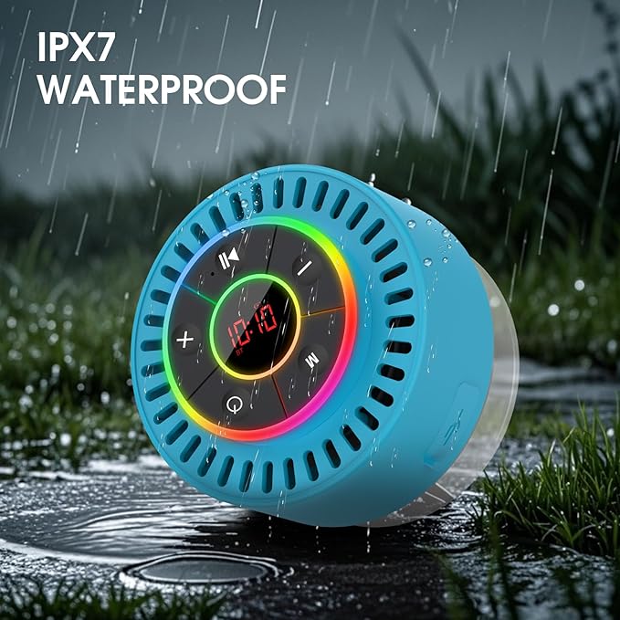 Bluetooth Speaker, Shower Speaker IPX7 Waterproof, Speakers Bluetooth Wireless with Rich Bass, Portable Speaker with LED Light, Suction Cup,8H Playtime, for Bathroom Party Beach, Ideal Gifts, Blue