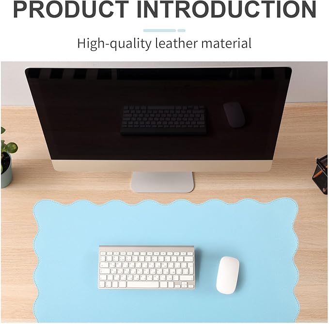 Scalloped Desk Mat Leather Desk Pad Protector Non-Slip PU Leather Table Protector Waterproof Mouse Pad Keyboard Mat Curly Mousepad PC Accessories Gift for Office Home(Light Blue)