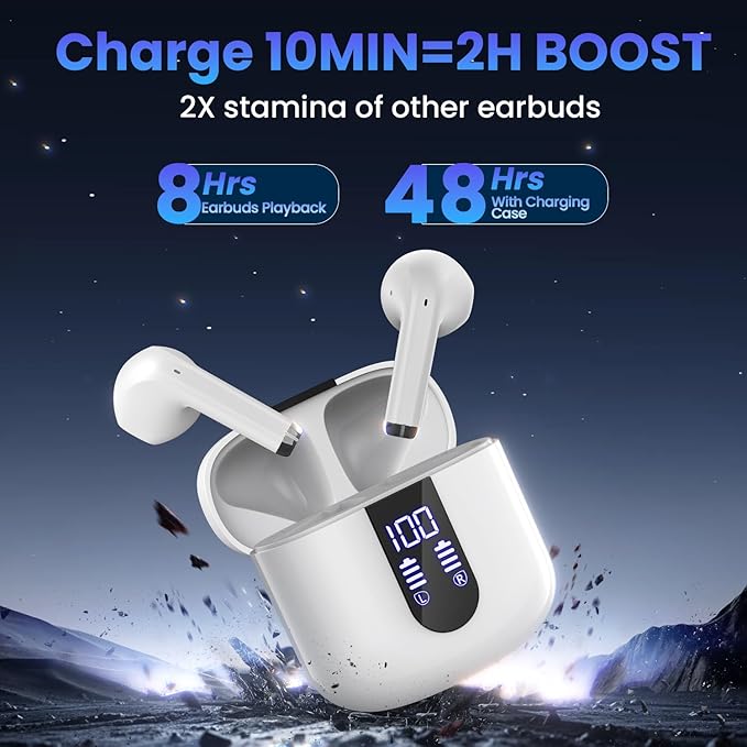Wireless Earbuds, Bluetooth Headphones with Deep Bass Stereo, 48H Playback Ear Buds with LED Power Display, Lightweight, IPX7, in-Ear Earphones with Mic for iPhone/Android/iPad, White