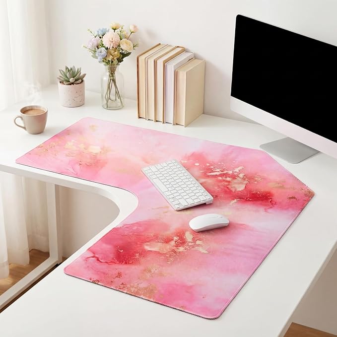 L Shaped Desk Mat for Corner, Large Extended Mouse Pad with Non-Slip Rubber Base, Pink Waterproof Desk Protector for Office & Gaming Setup