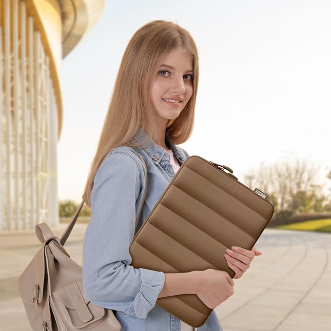 TECCOL Puffy Laptop Case 15.6 inch,15.6 inch Laptop Sleeve for 15-15.6" Lenovo Thinkpad Ideapad HP Acer Asus Dell Chromebook,Protective Waterproof Sleeve 15 inch Notebook Bag with Small Case,Brown