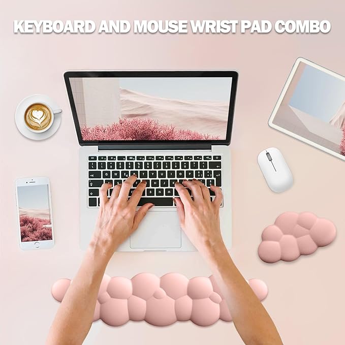 Cloud Keyboard Wrist Rest Mouse Pad Set, PU Leather Memory Foam Wrist Cushion Support, Mouse Wrist Pad, Non-Slip Wrist Support for Home, Office, Light Pink Cloud