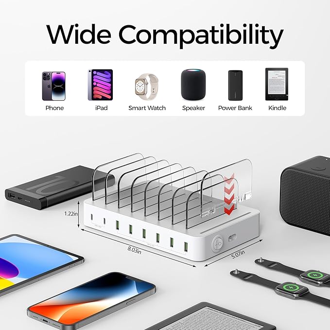 Unitek 8 Port USB C Charging Station - 2X 20W PD USB-C & 6 USB-A Ports Multi Device Charger Dock for iPad, iPhone, Samsung Tablets White Tablet Organizer & Charger