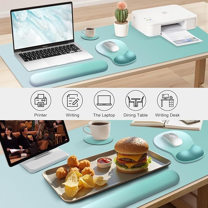 4-in-1 Large Gaming Mouse Pad, Keyboard Wrist Rest Pad & Wrist Support Mousepad Set, Extended Desk Pad Waterproof Desk Mat Protector for Home Office Decor Study Game 35.4×15.7 Inches I Mint Green