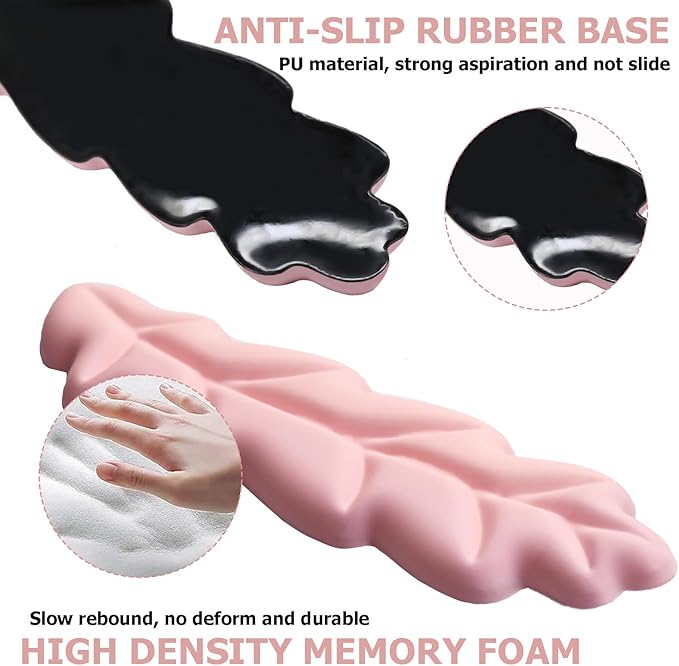 Ergonomic Keyboard Wrist Rest, Leaf Shape PU Leather Memory Foam Wrist Support for Computer Keyboard, Keyboard Pad and Cute Mouse Wrist Pad for Gaming,Office, Computer, Typing Pain Relief, Pastel Pink