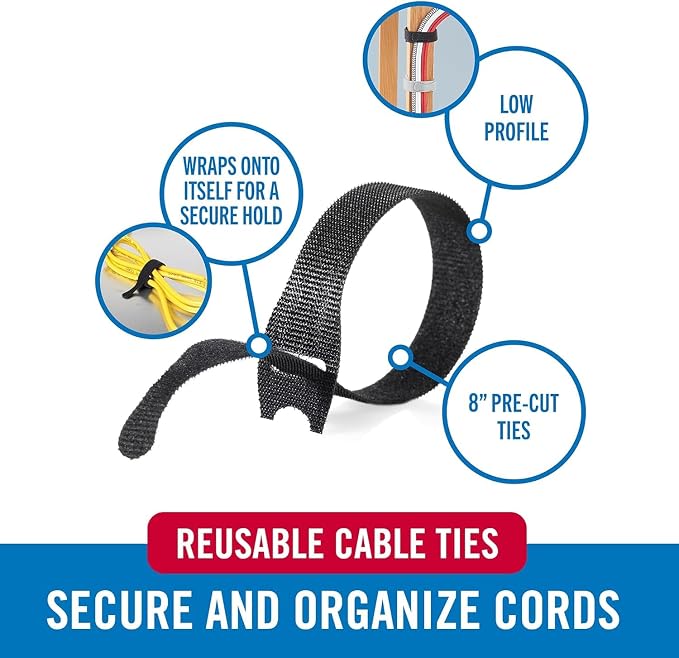 VELCRO Brand Complete Desk Cable Management Kit | 8in Mountable Cable Sleeve 2pk + 150pk Reusable Cable Ties + Desk & Nightstand Cord Organizer | Black, Damage-Free Mounting - Image 4