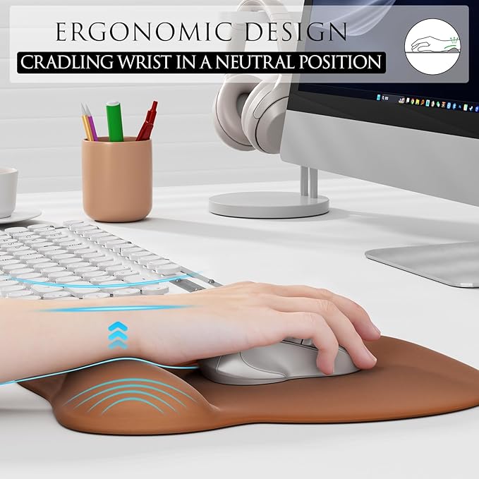 MROCO Ergonomic Mouse Pad with Gel Wrist Rest, Smooth Wrist Support Surface, Non-Slip PU Base for Pain Relief, Comfortable Mousepad for Computer, Laptop, Office & Home, 9.4 x 8.1 in, Coffee Brown