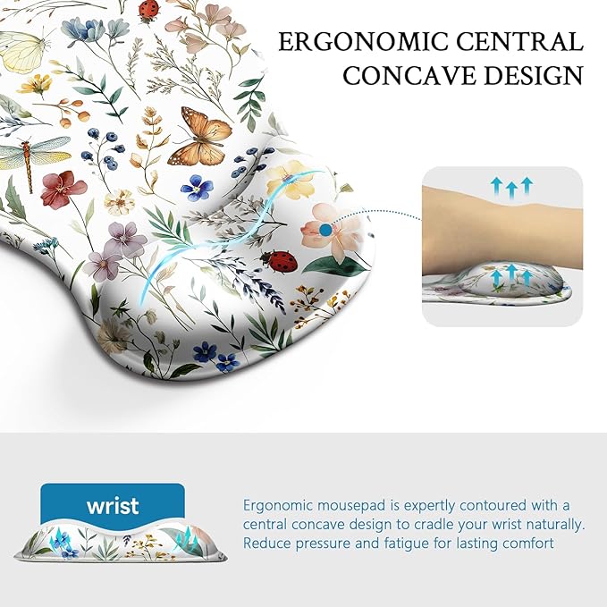 Blusabaca Mouse Pad with Wrist Rest, Butterfly Flower Ergonomic Mousepad Wrist Support for Desk, Gaming Mousepads for Wireless Mouse Computer Laptop Work Home Desk Accessories Office Supplies Decor