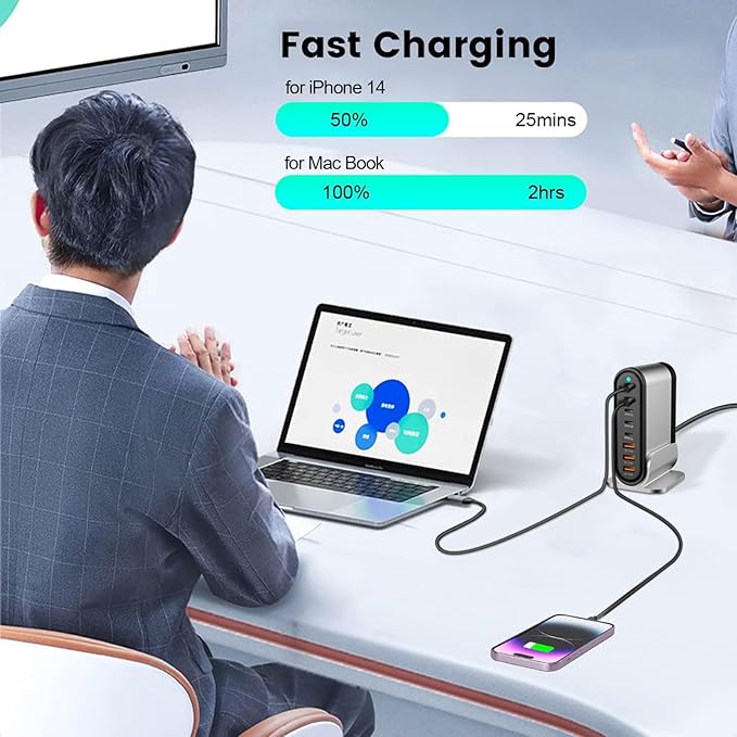USB C Fast Charger - 285W GaN 8 Port Fast Charging Station Tower Hub: Type C Charger Block Power Strip Adapter Plug for MacBook iPad iPhone 17/16/15/14/13/12 Pro Max Samsung Galaxy & More Smartphones