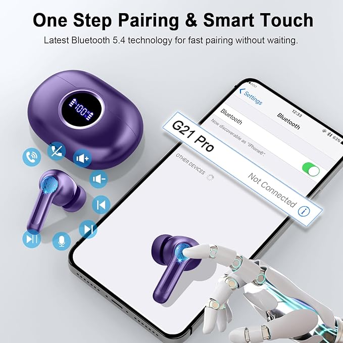 Bluetooth 5.4 Earbuds, 2026 Wireless Headphones 3D-Stereo Ear Buds, 4 ENC Noise Cancelling Mic, 40+Hrs USB-C in-Ear Earphone, IP-X7 Waterproof Sport Workout Gym for Laptop Pad Android iOS