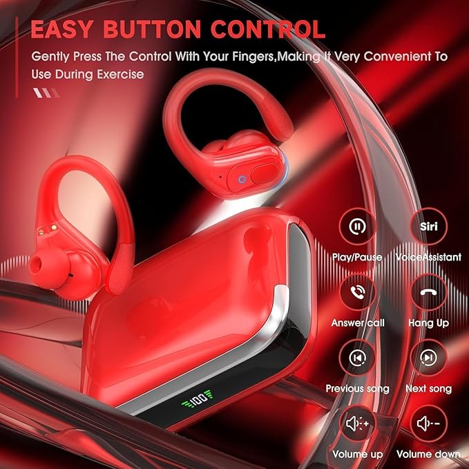 Wireless Earbuds Headphones Bluetooth 5.4, Noise Canceling Ear Buds with 75hr Playtime, IPX7 Waterproof Earphones Over-Ear Earphones for Sports/Workouts, LED Power Display - Red