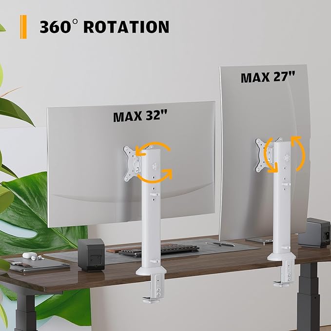 Hemudu Single Desk Monitor Arm Mount Stand Fit for 13 inch to 32 inch Flat Curved Computer Screen with Swivel, Height Adjustable, Rotation,Holds up to 77lbs, White