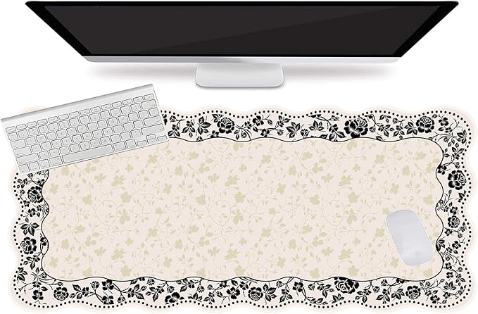 L-SPOUTTO Vintage Floral Mouse Pad,Aesthetic Scalloped Desk Mat XXL Large Gaming Mousepad,35.4x15.7in Non-Slip Keyboard Pad Waterproof Desktop Mat for Laptop Computer Work Game Office-Seamless Floral