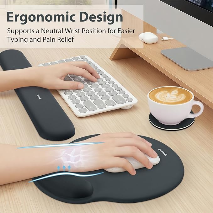Sushret Mouse Pad and Keyboard Wrist Rest, 3-in-1 Gel Memory Foam Ergonomic Mouse Pad with Wrist Rest Set, Gaming Mousepad Arm Cushion Support for Computer Office Desk Accessories Cute Setup, Charcoal
