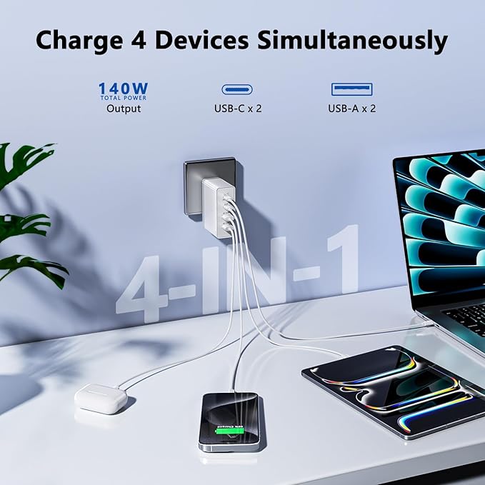 sccvee USB C Charger 140W GaN, 100W Laptop Power Adapter Fast Charger Block, 4-Port Charging Station USB C Power Adapte Compatible with MacBook Pro/Air/iPad Pro/iPhone 15/16/Galaxy S23/S24/Dell