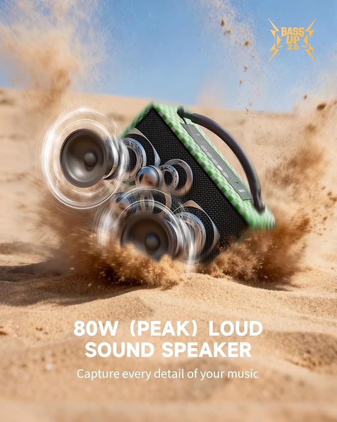 DINDIN Portable Bluetooth Speaker: 80W (Peak), 20H Playtime, Loud Wireless Wood Speakers with Bass, AUX and USB Input, Subwoofer, TWS Pairing, Vintage Speaker for Outdoor, Home, Office (White+Green)